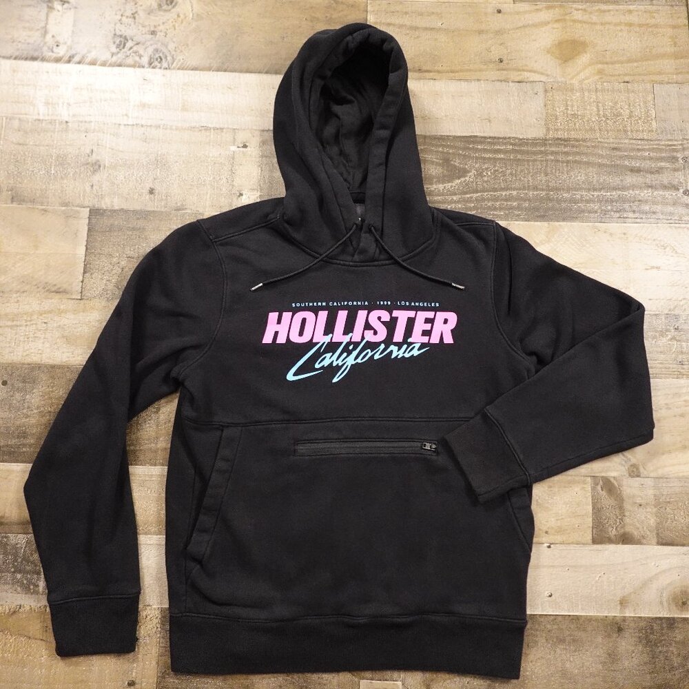 Hollister California Pullover Hoodie Men's Medium Black Neon Graphic Vice Colors
